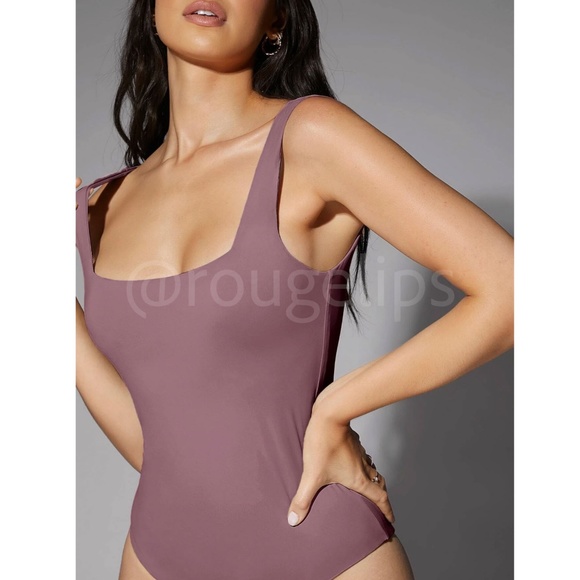 Mauve Purple Tank Bodysuit Square Neck Slim Fit Stretchy - Picture 2 of 7